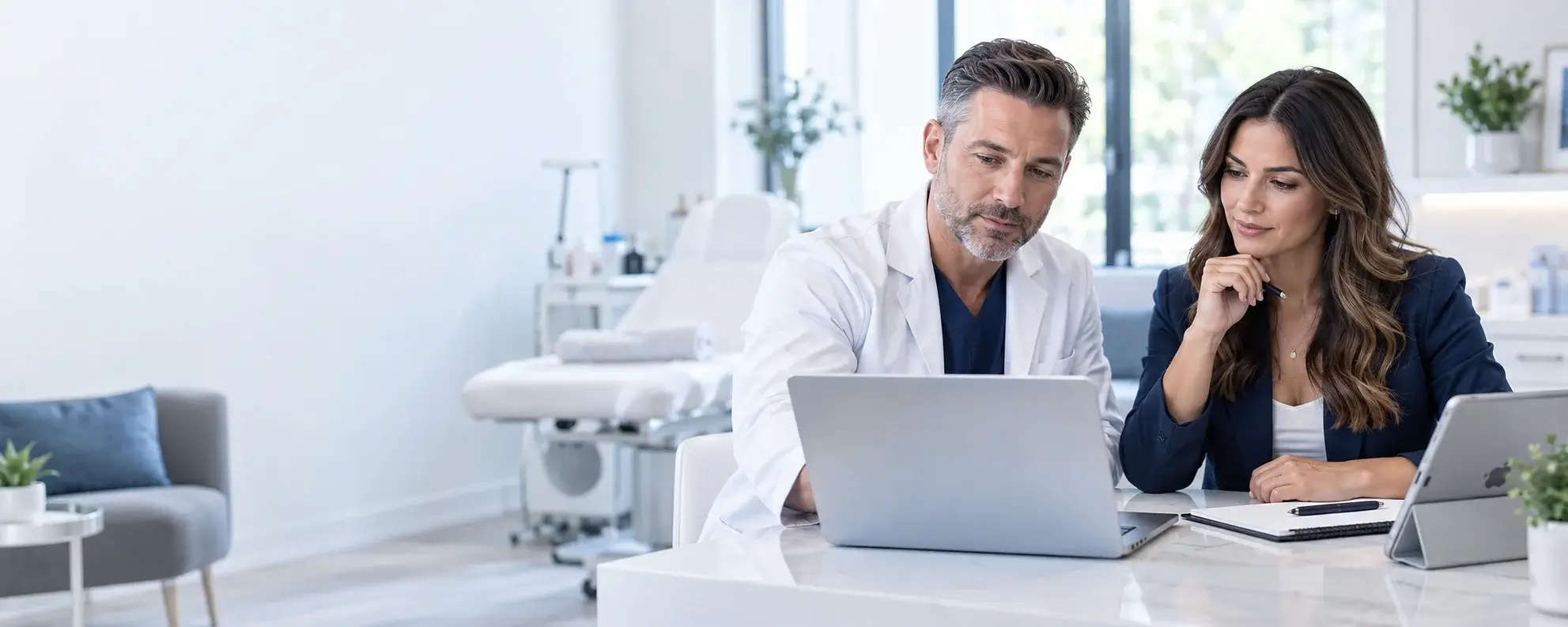 A clinician and a practice manager reviewing appointment and search data on a laptop in a bright clinic
