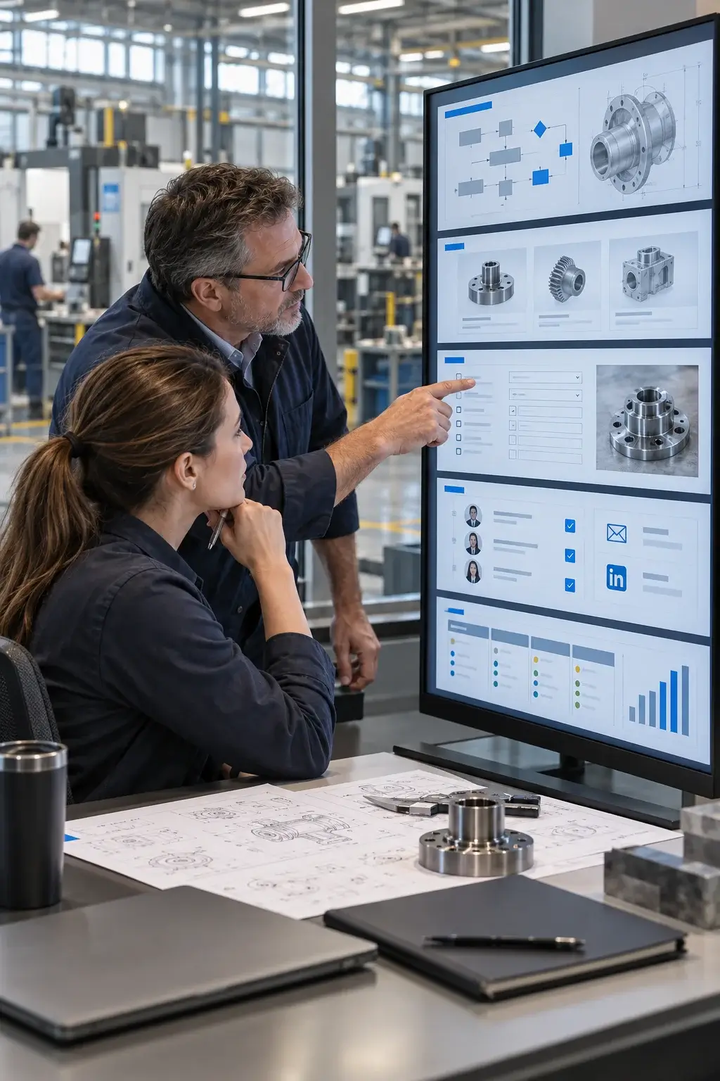 A plant manager and a consultant reviewing a technical SEO and RFQ pipeline on a monitor