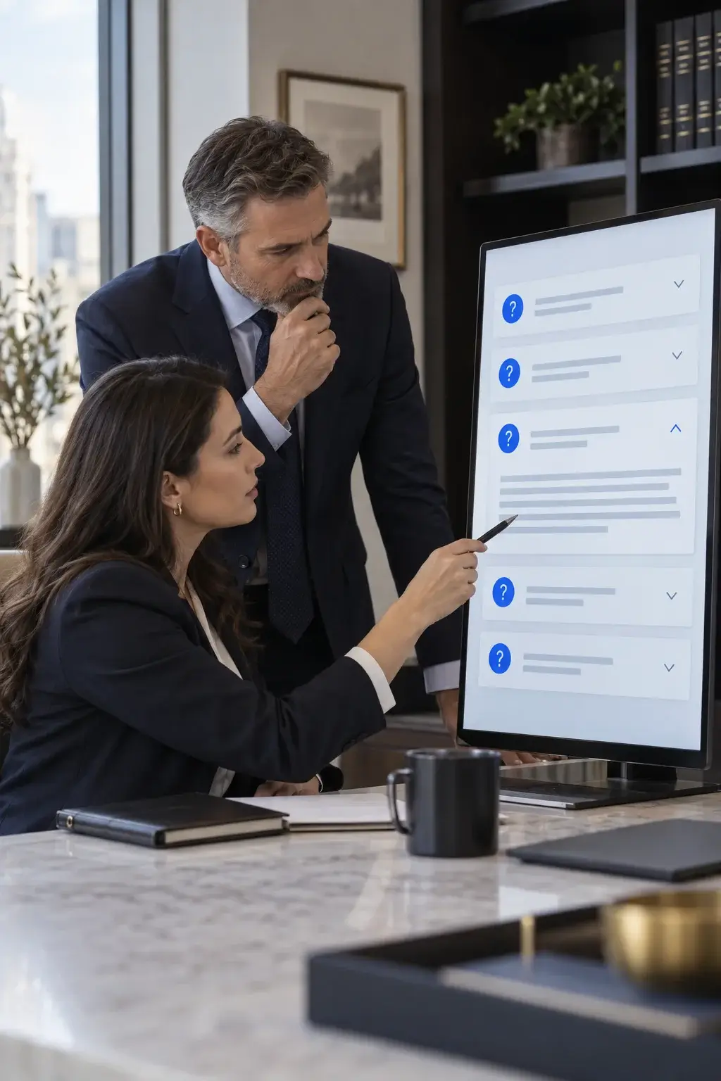 Two professionals in a law office going through common questions about client enquiries
