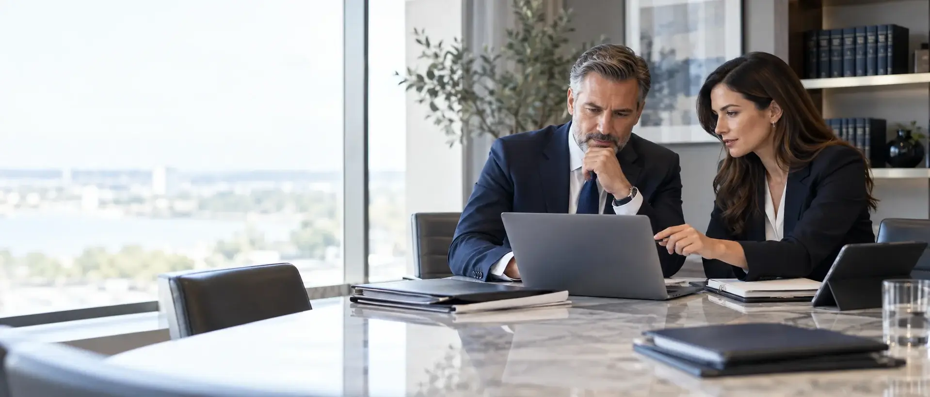 Two advisors reviewing practice-area search performance on a laptop in a law office