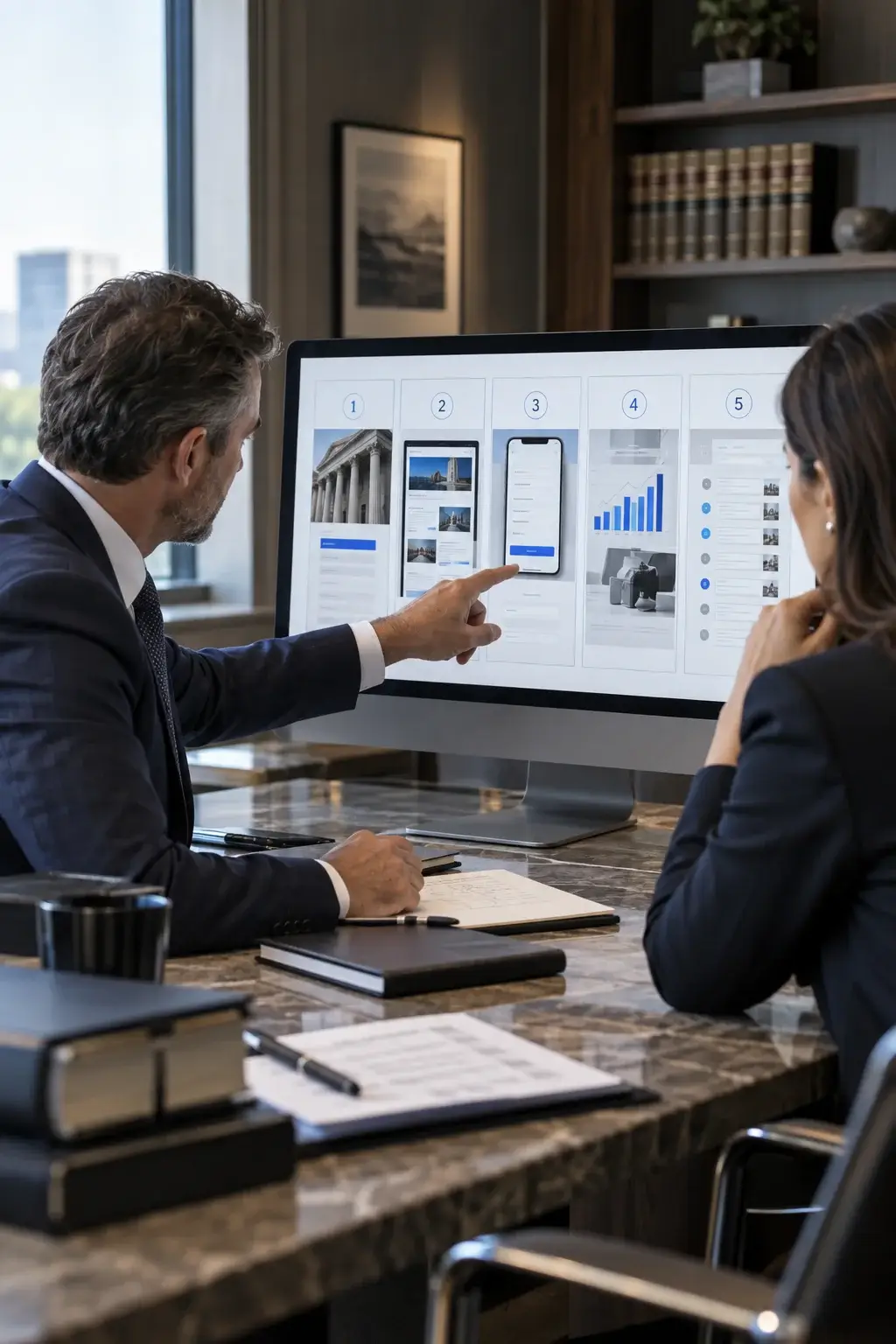 A lawyer and a consultant reviewing a practice-area page strategy and enquiry tracking on a monitor