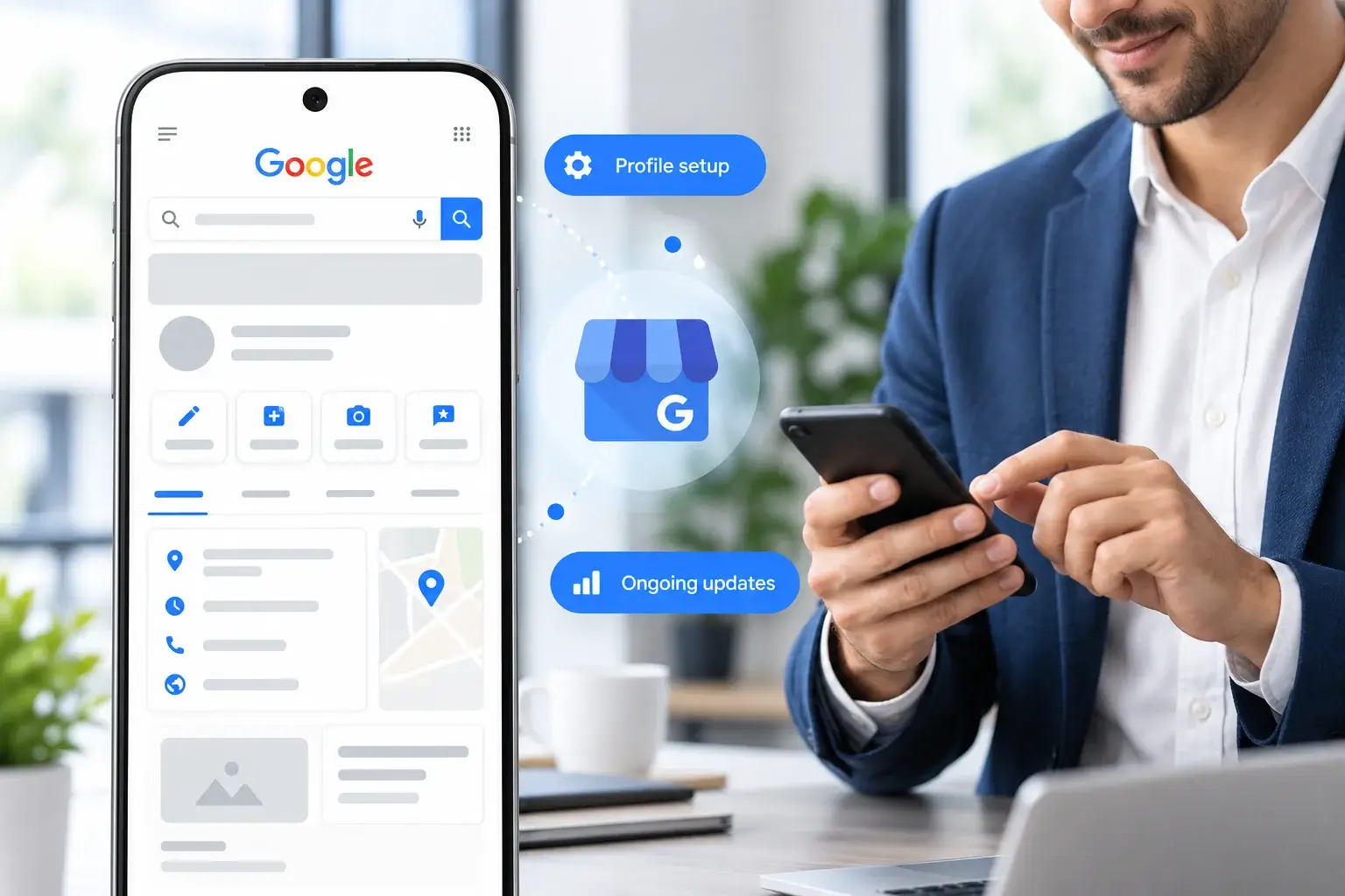 A Google Business Profile shown on a phone, representing a local business's presence in Maps and search