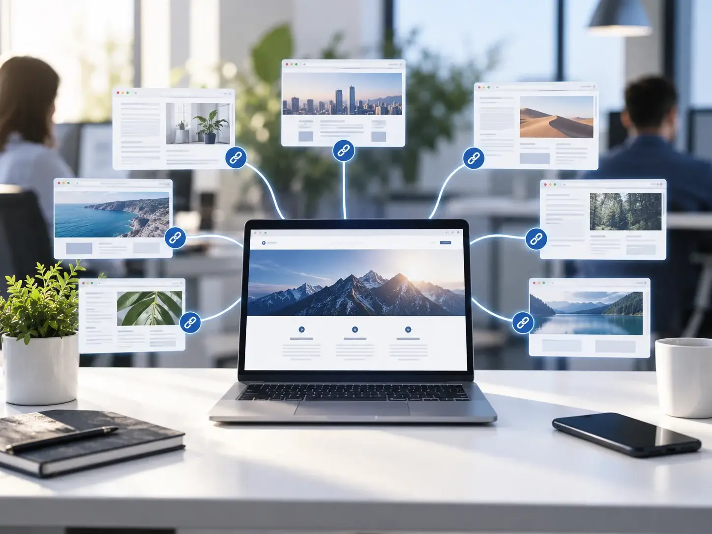 A website on a laptop with links from a spread of other web pages feeding into it, each connection marked by a chain-link icon
