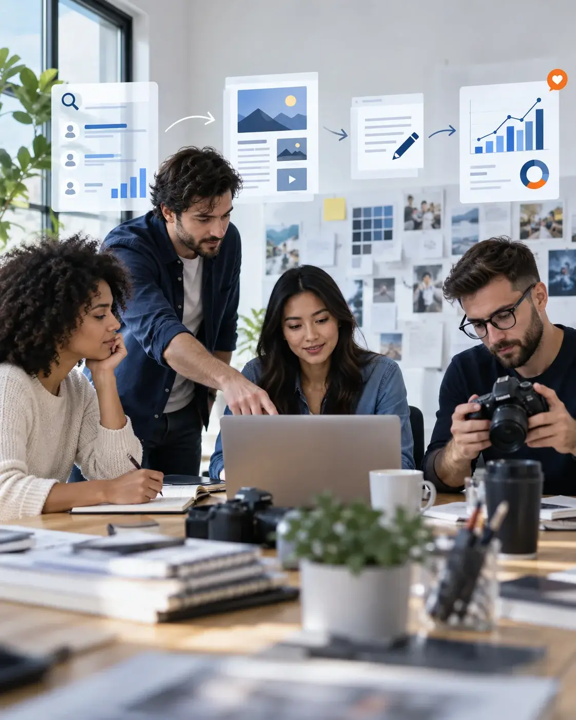 A content team planning a campaign around a table, with an editorial calendar, article drafts and performance charts on screen and paper