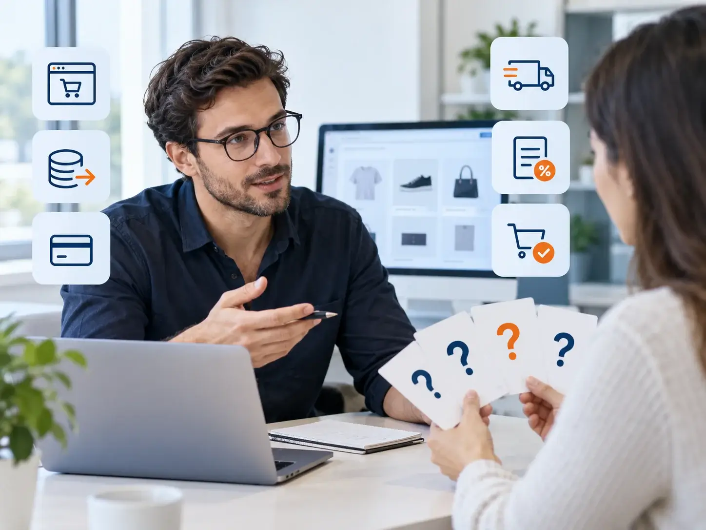 An advisor answering a client's questions about an e-commerce website, with floating question-mark cards for platform, payments and shipping