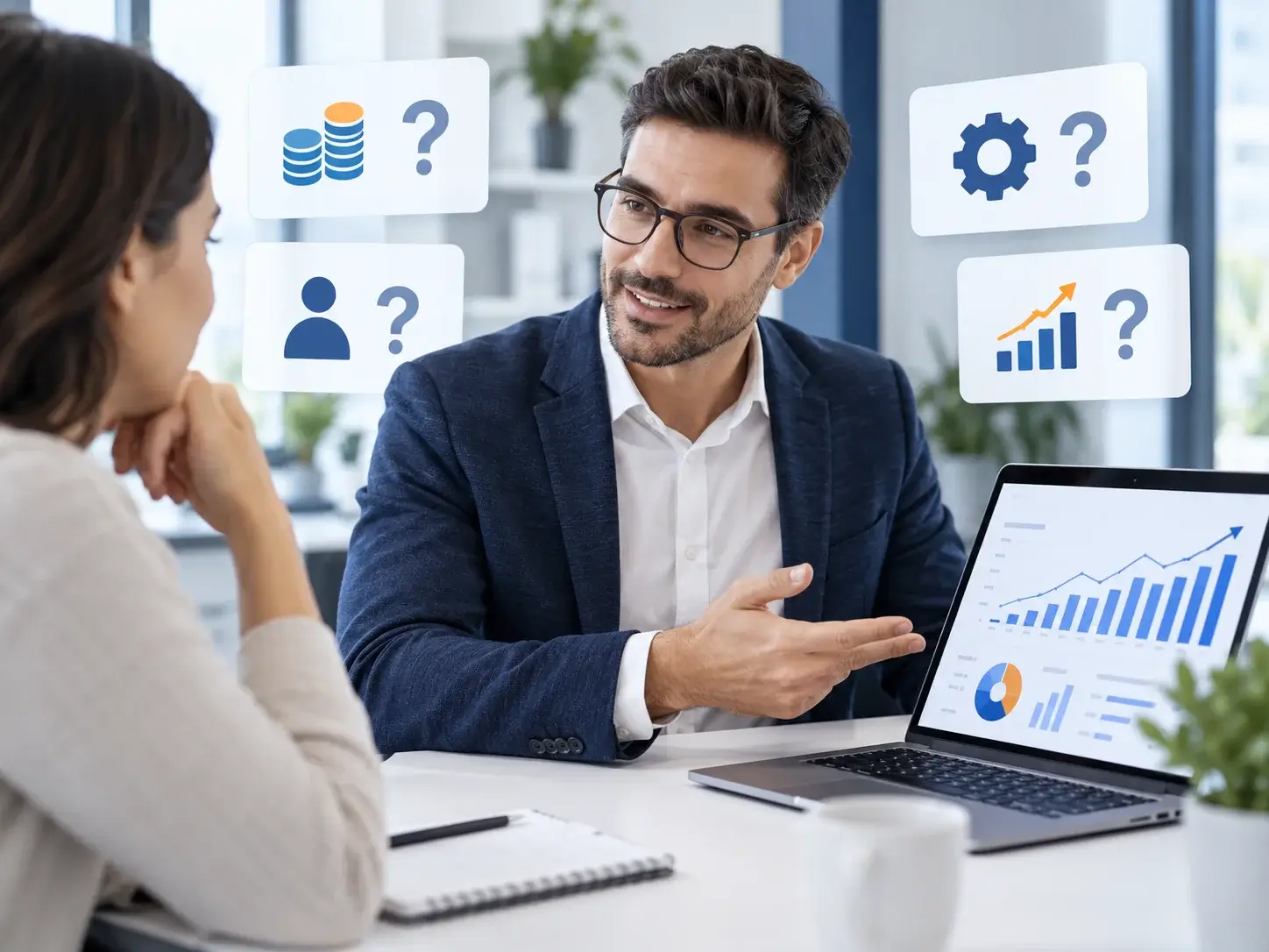 An advisor answering a client's questions about Google Ads, with floating question-mark cards for budget, keywords and tracking