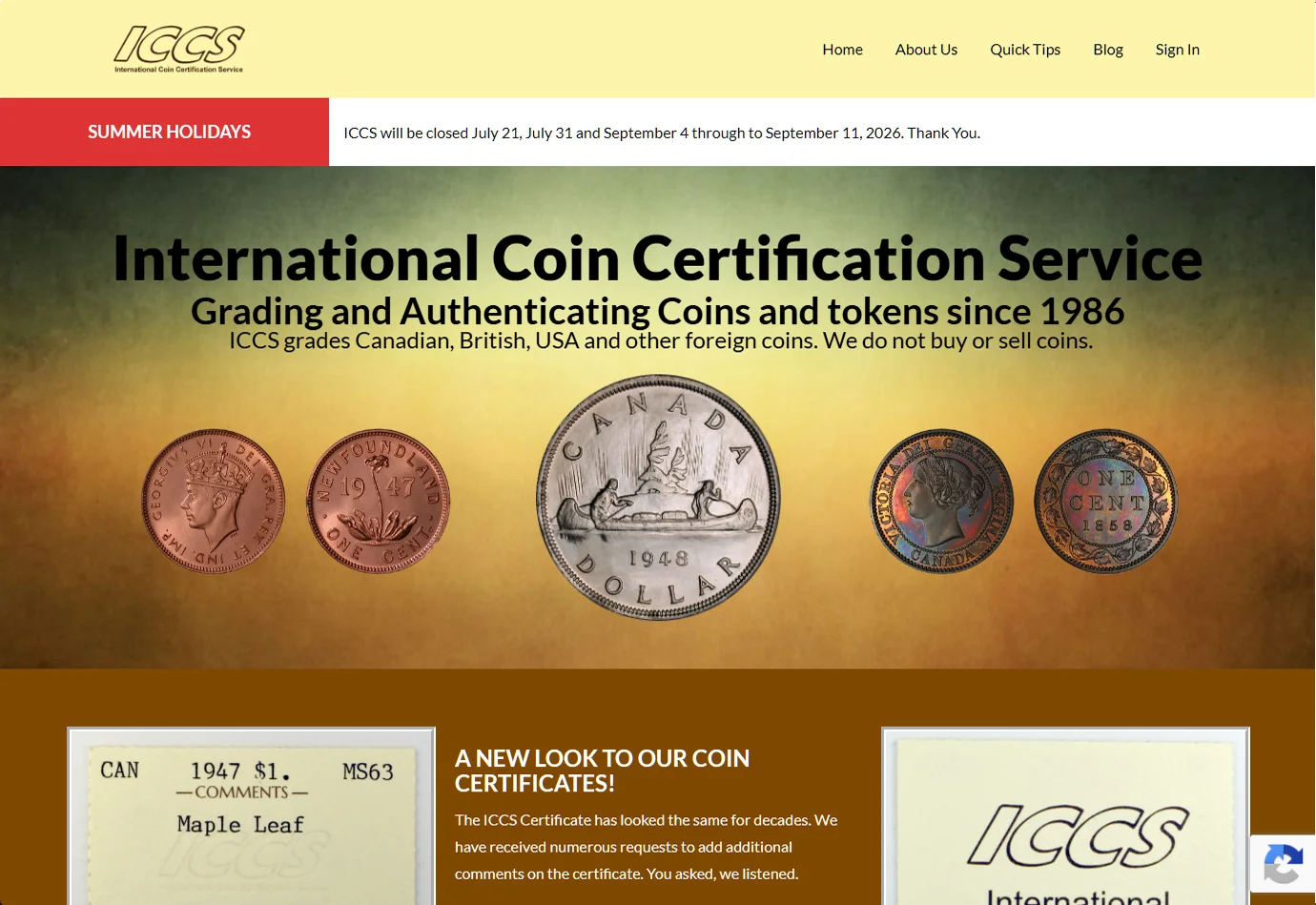 International Coin Certification Service website