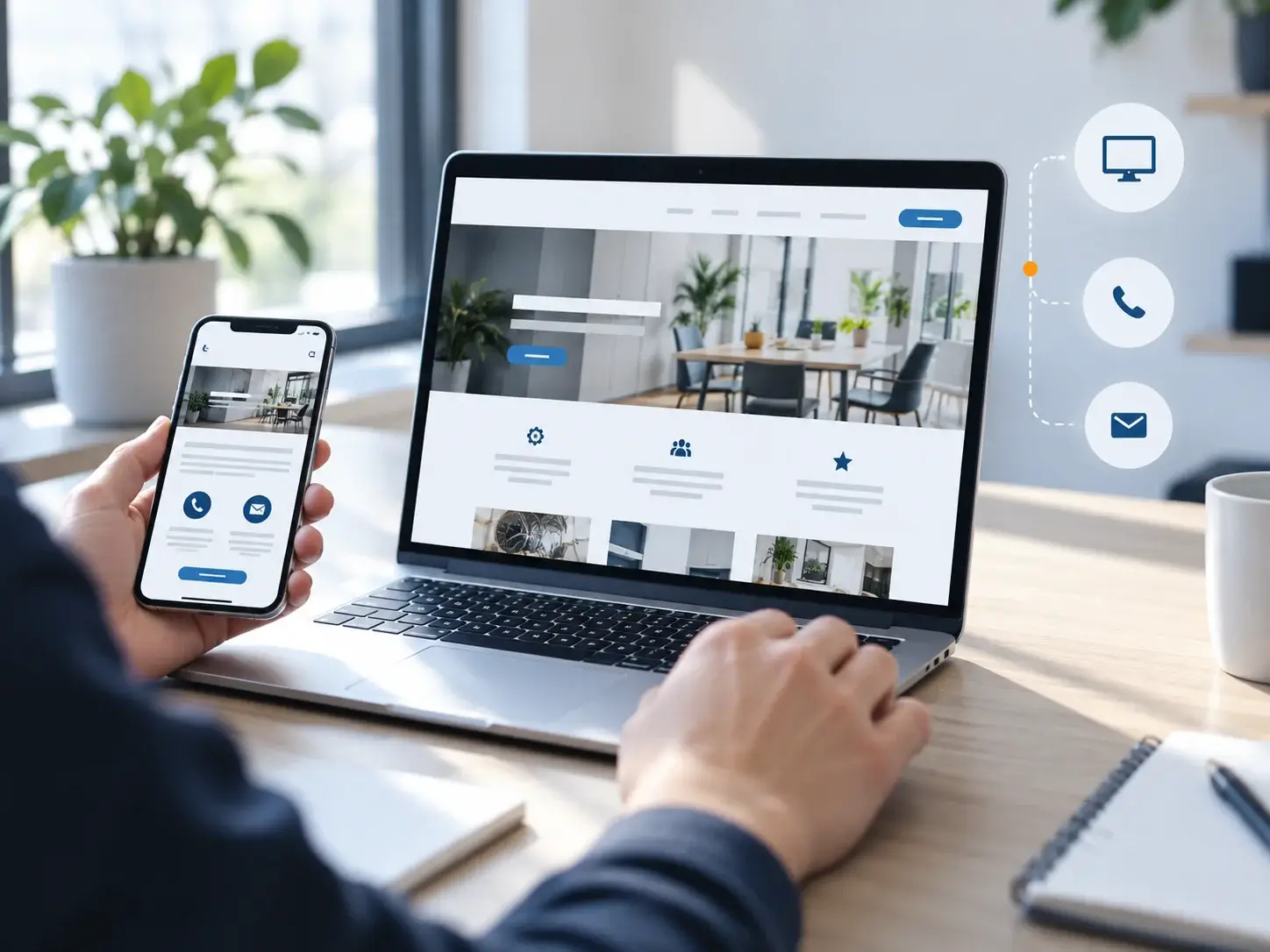 A small-business owner reviewing their new website across desktop, tablet and phone, with layout and enquiry-form cards floating beside the screen