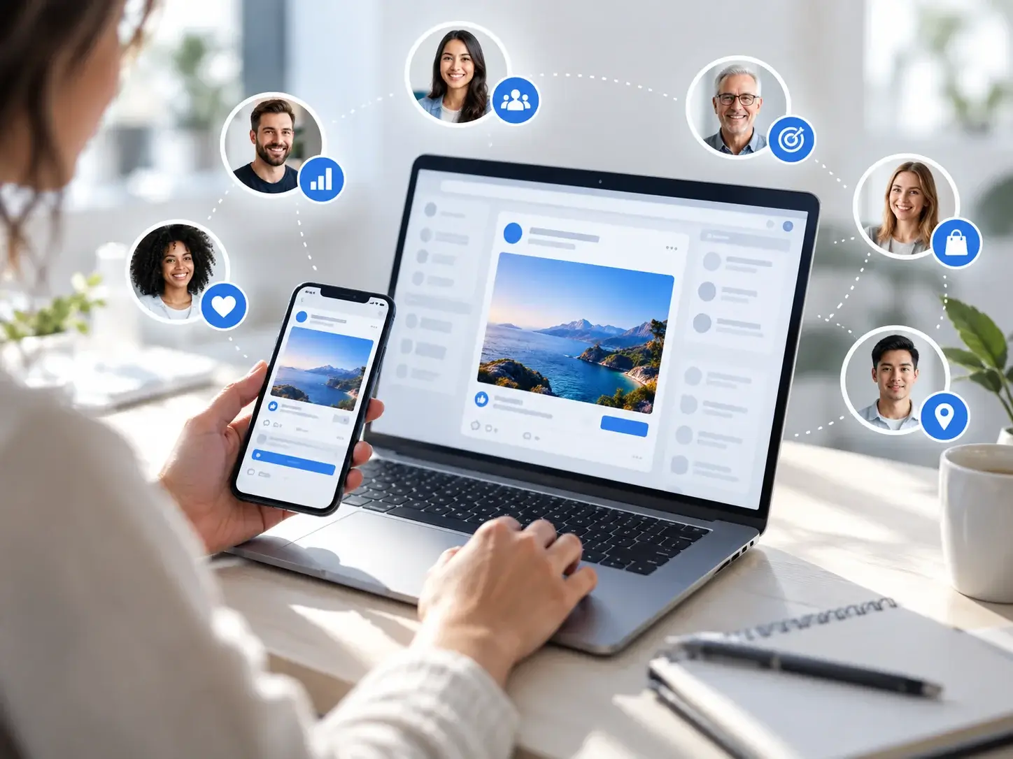 A marketer reviewing paid social ad creative and audience targeting on screen, with reach, clicks and cost panels floating alongside
