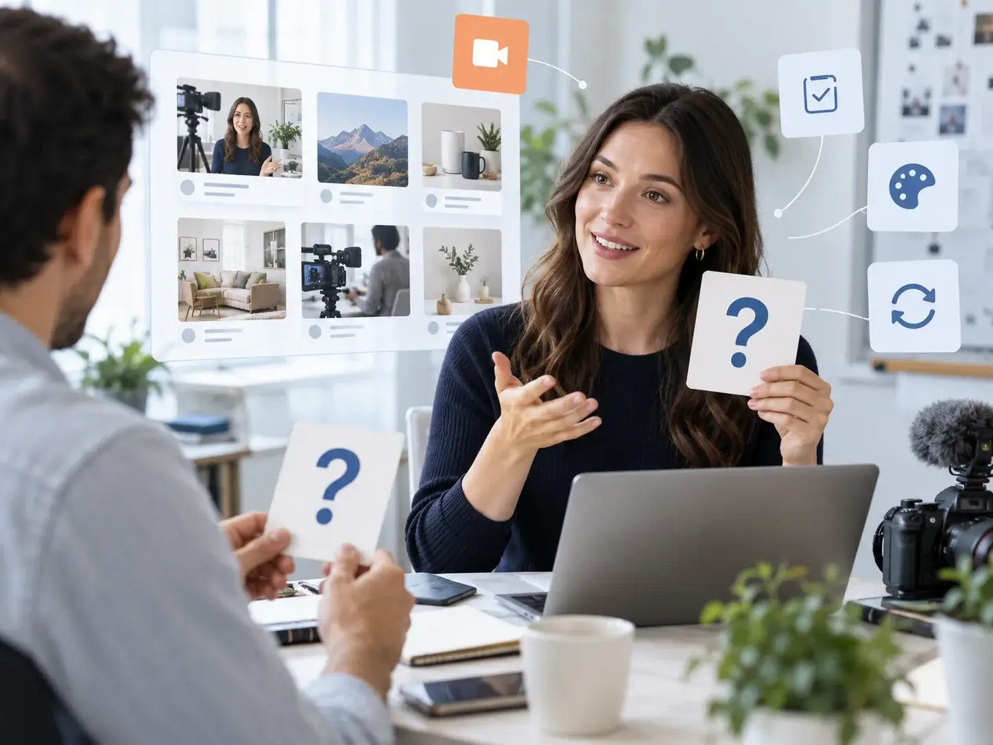 An advisor answering a client's questions about social media content, with floating question-mark cards for formats, frequency and approvals