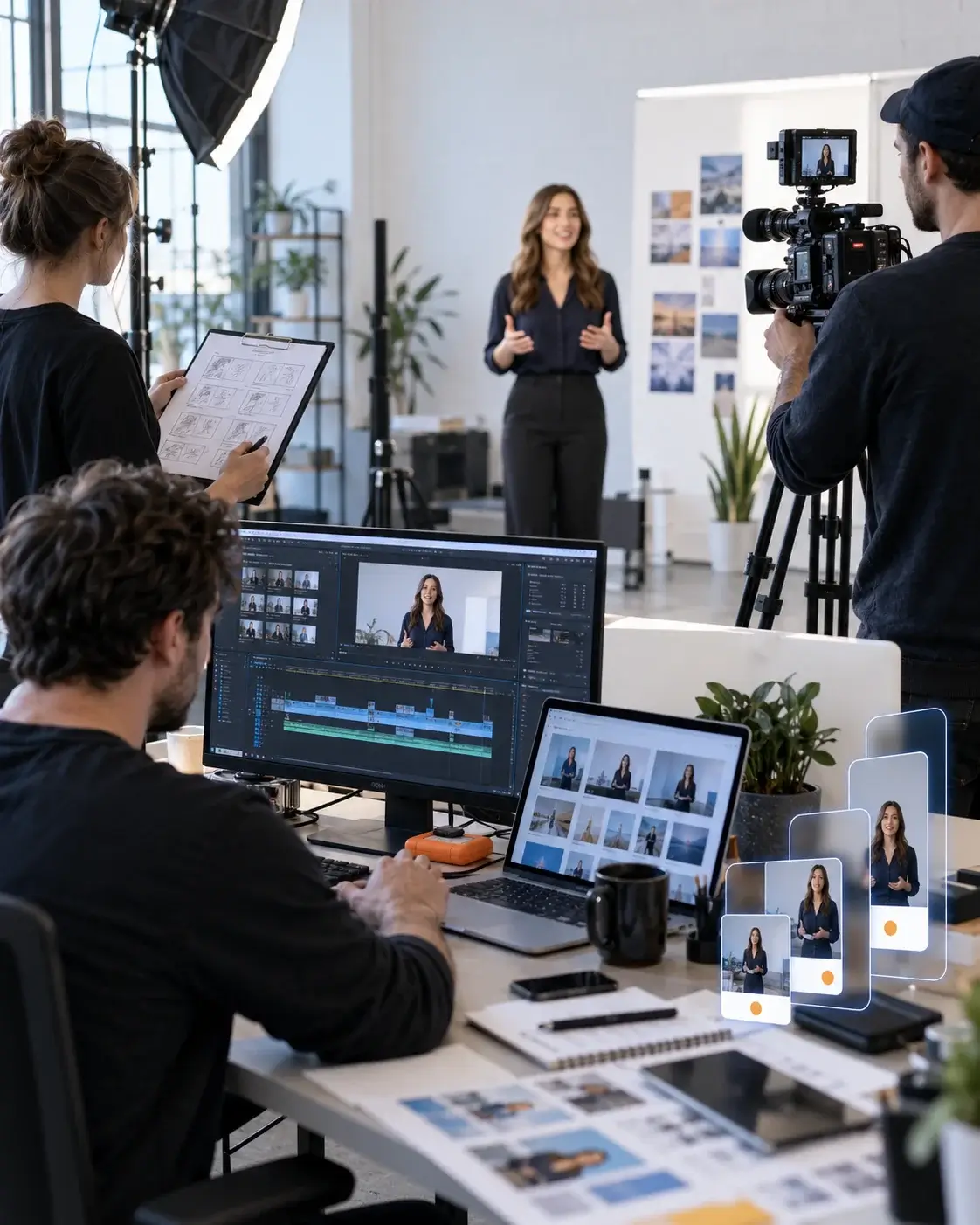 An editor at a video editing timeline while a presenter is filmed in the background, with storyboard frames and clip selects on screen
