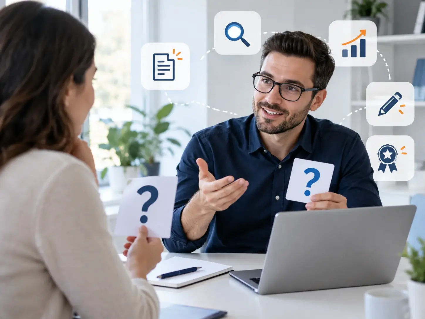 An advisor answering a client's questions about SEO content, with floating question-mark cards for keywords, briefs and publishing
